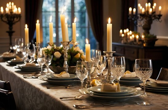An Evening of Elegance: A Luxurious Dining Setting Illuminated by Candlelight and Adorned with Sophisticated Floral Arrangements, generative AI