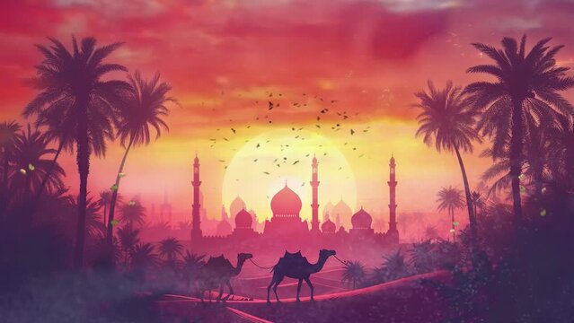 flat landscape of dessert with silhouette mosque and camel
