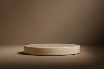 3d rendering beige Wooden round product display podium background. abstract background for cosmetic advertising sale product. Organic cosmetic and food concept. 3d rendering.