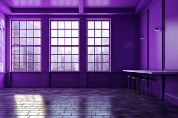 Purple interior with large windows and a table. 3d rendering