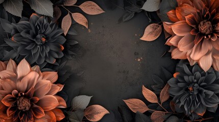 Textured black background with copper flowers and leaves, Vintage copper flowers and leaves on a grunge black background, Copper and black dahlia flowers and leaves, Copy space for text