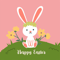 Obraz na płótnie Canvas Happy easter vector illustration with yellow flowers, green grass and cute bunny. For greeting card, banner, poster, web background on postcard. 