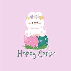 Happy easter vector illustration with white rabbit sitting on egg decoration. Isolated on pink background. For greeting card, banner, poster, web background on postcard. 
