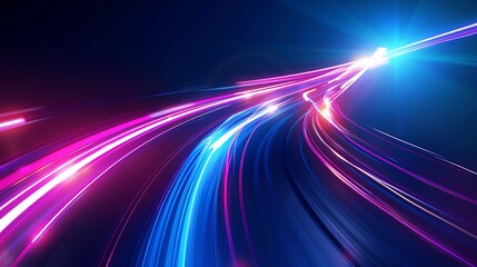 Abstract technology futuristic glowing blue and pink light curved lines with high-speed effect on dark blue background. Generative Ai