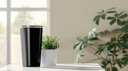 a black stainless steel tumbler is available for promotional purposes, featuring space for mockup customization. The background includes a green plant and an office setting.