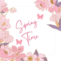 Hello spring trendy texture with fresh flower and butterfly design. Season vocation, weekend, holiday logo. For greeting card, invitation template, banner, postcard.