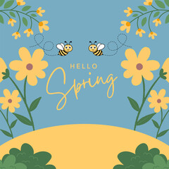 Hello spring trendy texture with sunflower and bee couple on blue background. Spring Time Wallpaper. Happy spring Day. For greeting card, invitation template, banner, poster, print, card. 