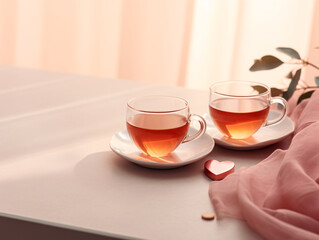 two cups of tea on saucers and a pink scarf