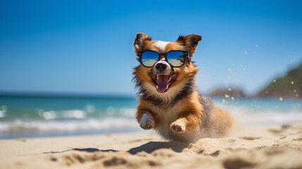 a dog wearing sunglasses running on a beach