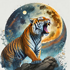 Design tiger howling at the moon, detailed illustration, computer art, artwork