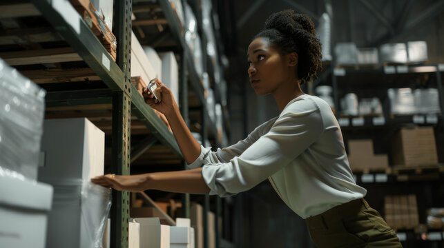 woman in a white shirt and olive green pants reaching for a white box on a shelf in a warehouse. - Powered by Adobe