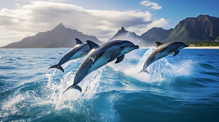 a group of dolphins jumping out of water