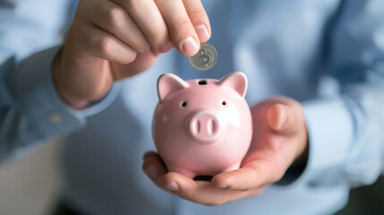 close-up of hands in a business shirt holding a piggy bank, with one hand inserting a Bitcoin coin into the slot at the top of the piggy bank.