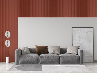 Mock up of a modern trendy living room with a cool comfortable sofa and a perfect decorative background, 3D rendering.