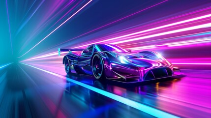 A futuristic sports car speeding through a vibrant neon tunnel, depicting high velocity and advanced automotive design.