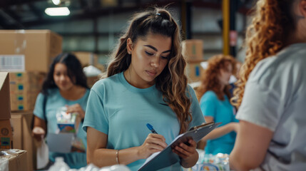 focused young woman wearing blue t-shirt, likely volunteer, involved in a charitable activity, such as packing boxes - obrazy, fototapety, plakaty
