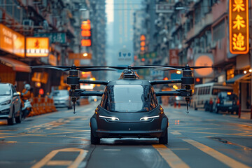 Fototapety  On demand autonomous flying taxis offering breathtaking city views during commutes