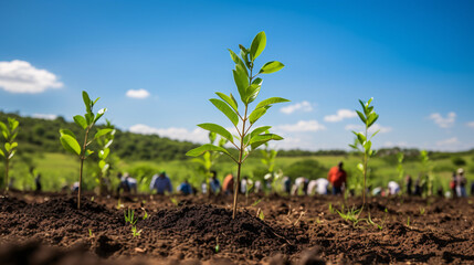 a group of people in a field with a young plant growing out of dirt - obrazy, fototapety, plakaty