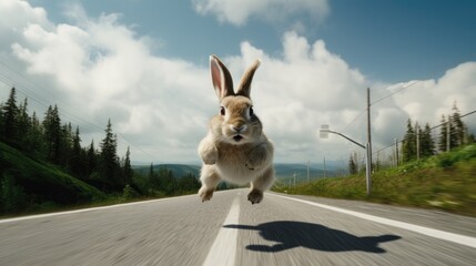 A cute little fluffy rabbit is jumping along the road on a bright sunny day. Easter holiday.