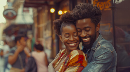 Obraz premium A young, happy couple embracing outdoors in the city.