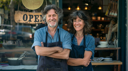 middle-aged man and a woman, possibly co-owners, standing with crossed arms in front of their store with an "OPEN" sign, smiling and looking welcoming.