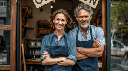 middle-aged man and a woman, possibly co-owners, standing with crossed arms in front of their store with an "OPEN" sign, smiling and looking welcoming. - Powered by Adobe