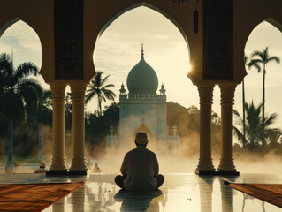 Back view of Indonesian Muslim man meditating in the mosque - obrazy, fototapety, plakaty