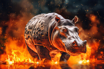 A hippopotamus wades in a body of water while encircled by flames from a forest fire in the background