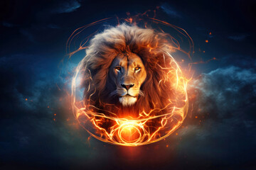 A lion standing calmly with a circle of fire surrounding it, showcasing strength and power