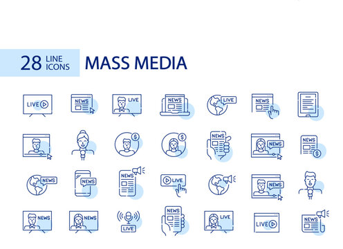 Livestream tv, mass media news and apps. Pixel perfect, editable stroke vector icons