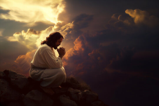 Prayer, christian and flock with man in field for worship, holy spirit and spirituality. Praying, ai generated and connection with Jesus and traditions in grass for faith, mindful and Christianity