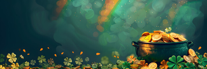 Banner with Pot of gold coins, clover leaves and rainbow. St. Patrick's day concept. Generative AI illustration