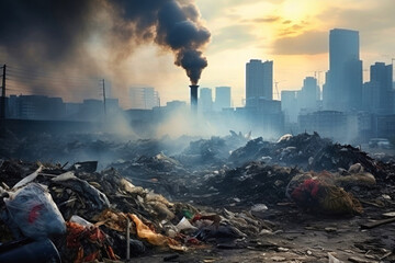 A significant amount of smoke billows from a city garbage dump, indicating environmental pollution and ecological concerns