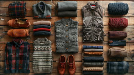 Stylish men's casual winter outfit on a wooden background.