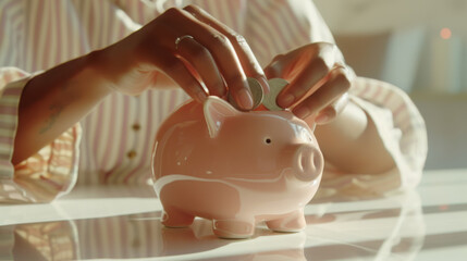 woman's hands with pink polished nails depositing a silver coin into a pink piggy bank, representing savings and financial planning. - obrazy, fototapety, plakaty