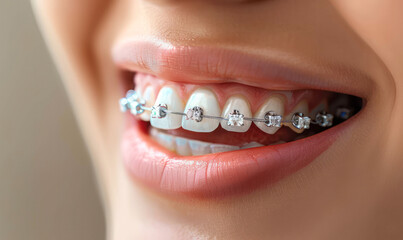 Beautiful Woman Healthy Smile close up. Closeup Ceramic and Metal Brackets on Teeth. Beautiful Female.AI