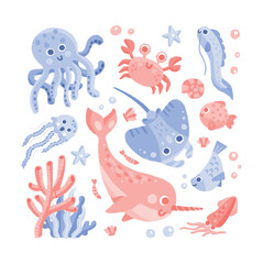 This is Under The Sea clipart set contains animal high-quality (300dpi), gouache style png. Suitable for art print, t-shirts, packaging, phone cases, brand kit, etc