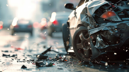 close-up view of a severe car accident with significant damage to the vehicle. - obrazy, fototapety, plakaty