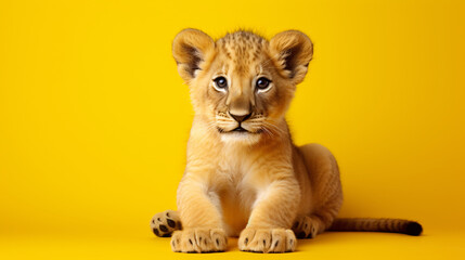a baby lion cub on a yellow background