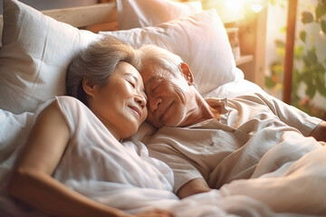An elderly Asian man and woman are seen laying together on a bed, showing affection and intimacy - obrazy, fototapety, plakaty