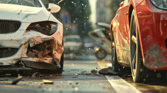 close-up of a car crash scene showing two damaged vehicles with a focus on the crumpled red car's front side and shattered pieces scattered on the road.