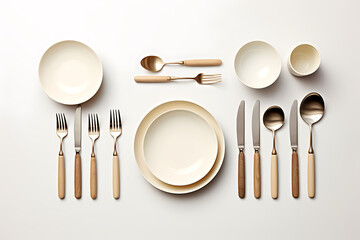 Set retro of cutlery and plates on white background, top view