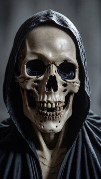 Scary skull in black death costume on dark background