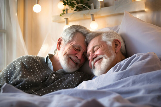 Two older men, a loving gay couple, are lying comfortably together in bed
