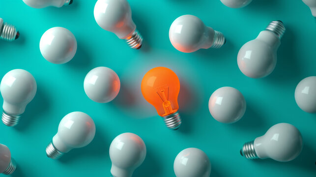 An orange lightbulb glowing among a group of white lightbulbs on a teal background, representing a unique idea or solution.