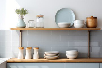 Fototapeta na wymiar Kitchen shelves with utensils. 3d render illustration.