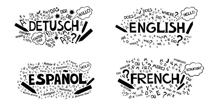 Concept of travel or studying languages. English, German, Spanish,  French. Flat design. Language school course. Study foreign languages with native speaker. Online personal tutor. vector illustration