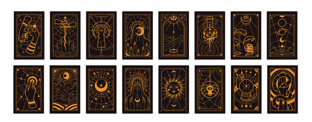 Tarot cards set. Magic mystic deck design, arcanas. Sacred esoteric symbols, occult celestial spiritual signs, patterns. Divination taro pack with sun, moon, eye. Flat graphic vector illustrations © Good Studio