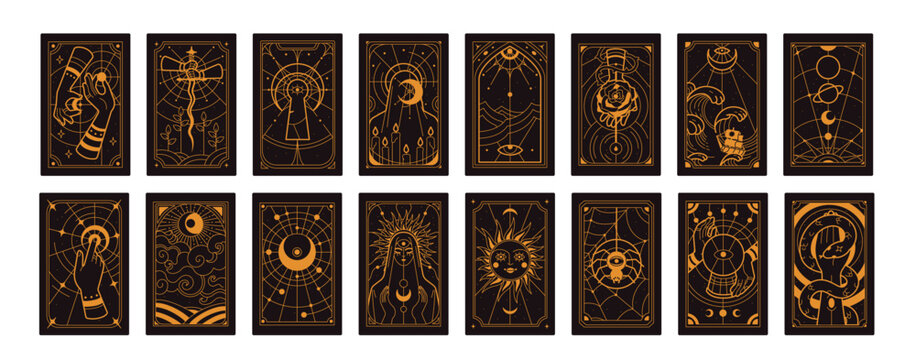 Tarot cards set. Magic mystic deck design, arcanas. Sacred esoteric symbols, occult celestial spiritual signs, patterns. Divination taro pack with sun, moon, eye. Flat graphic vector illustrations