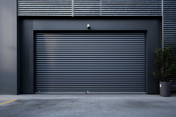 3d rendering of a warehouse with roller shutter door and black wall